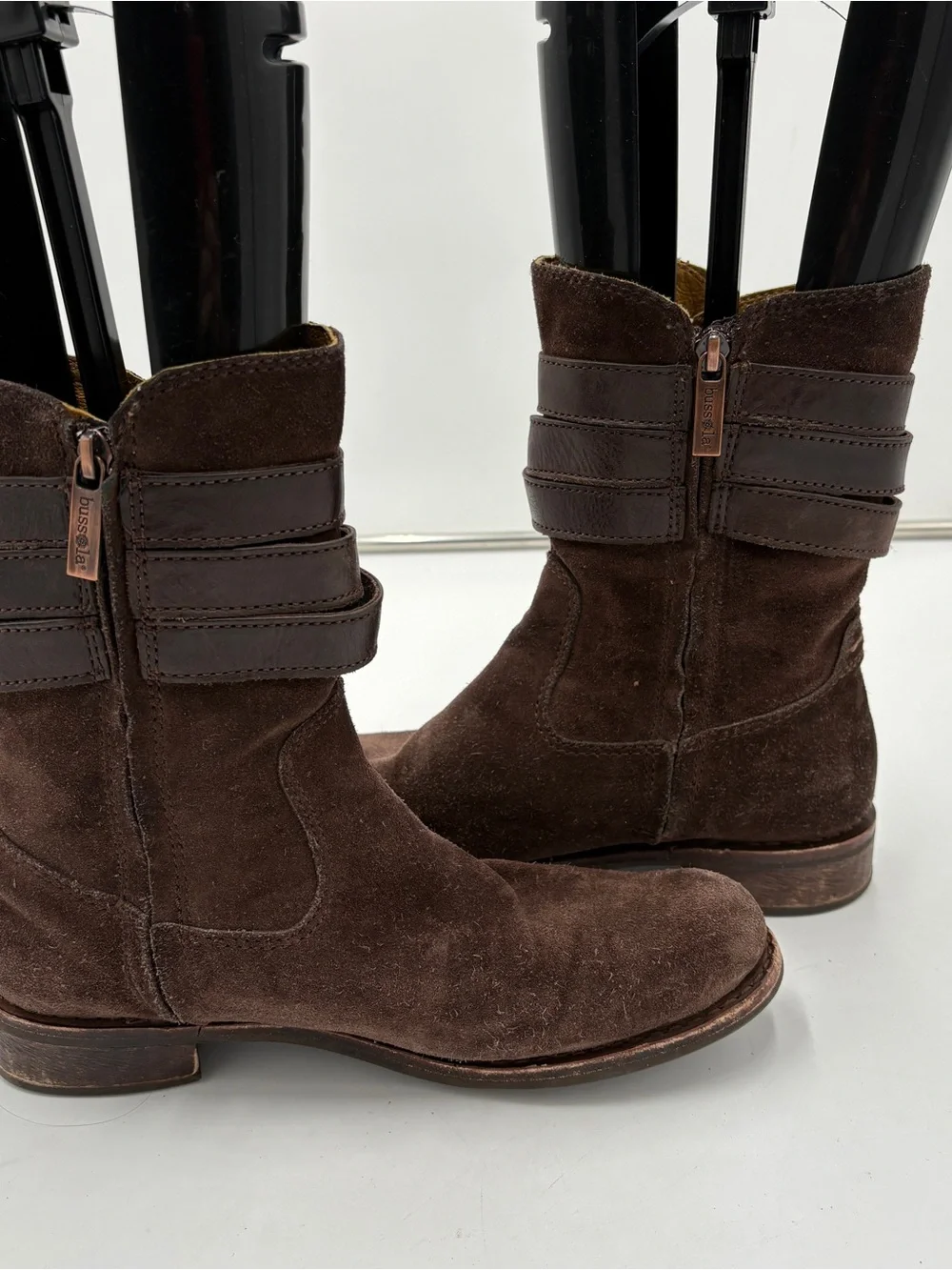 Bussola Biella Chocolate Brown Espresso Suede Low Riding Boot Strappy Buckle 39